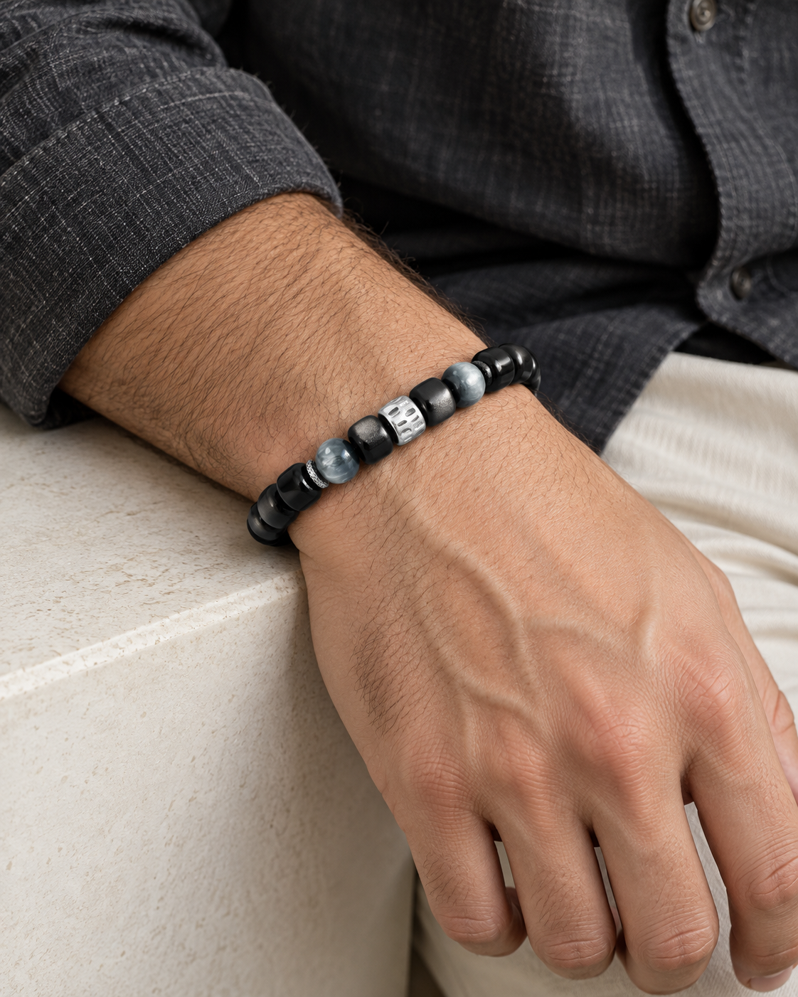 Quiet Guard — Silver Sheen Obsidian — Wearing from another angle