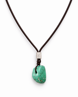 Quiet Current — enlarged turquoise pendant and lower cord V on white