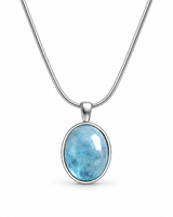 Blue Pause Necklace — enlarged lower V and pendant on white