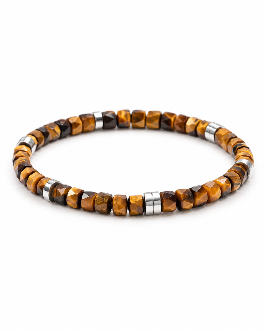 Faceted Tiger Eye bracelet on white background, front view