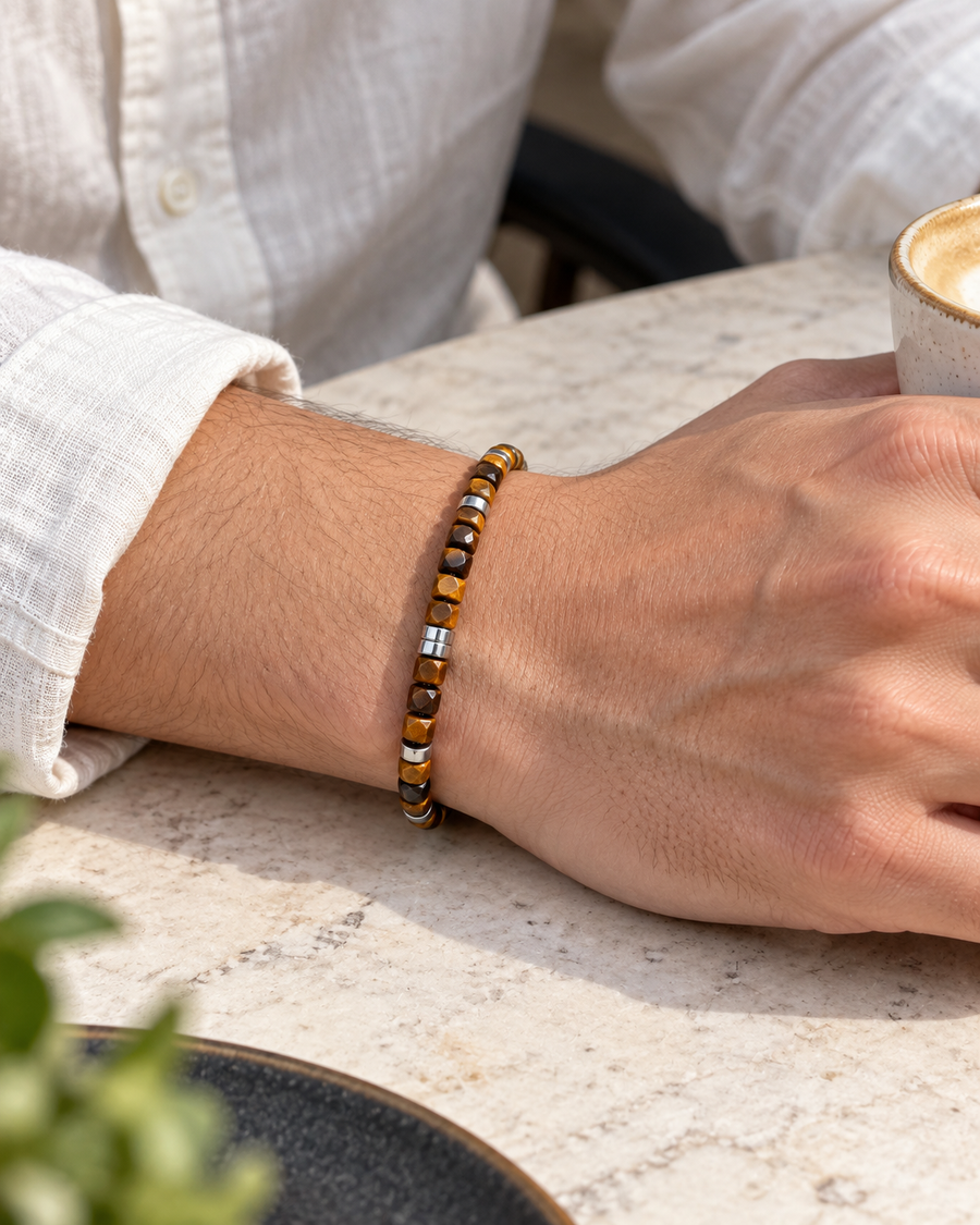 Faceted Tiger Eye bracelet worn on wrist