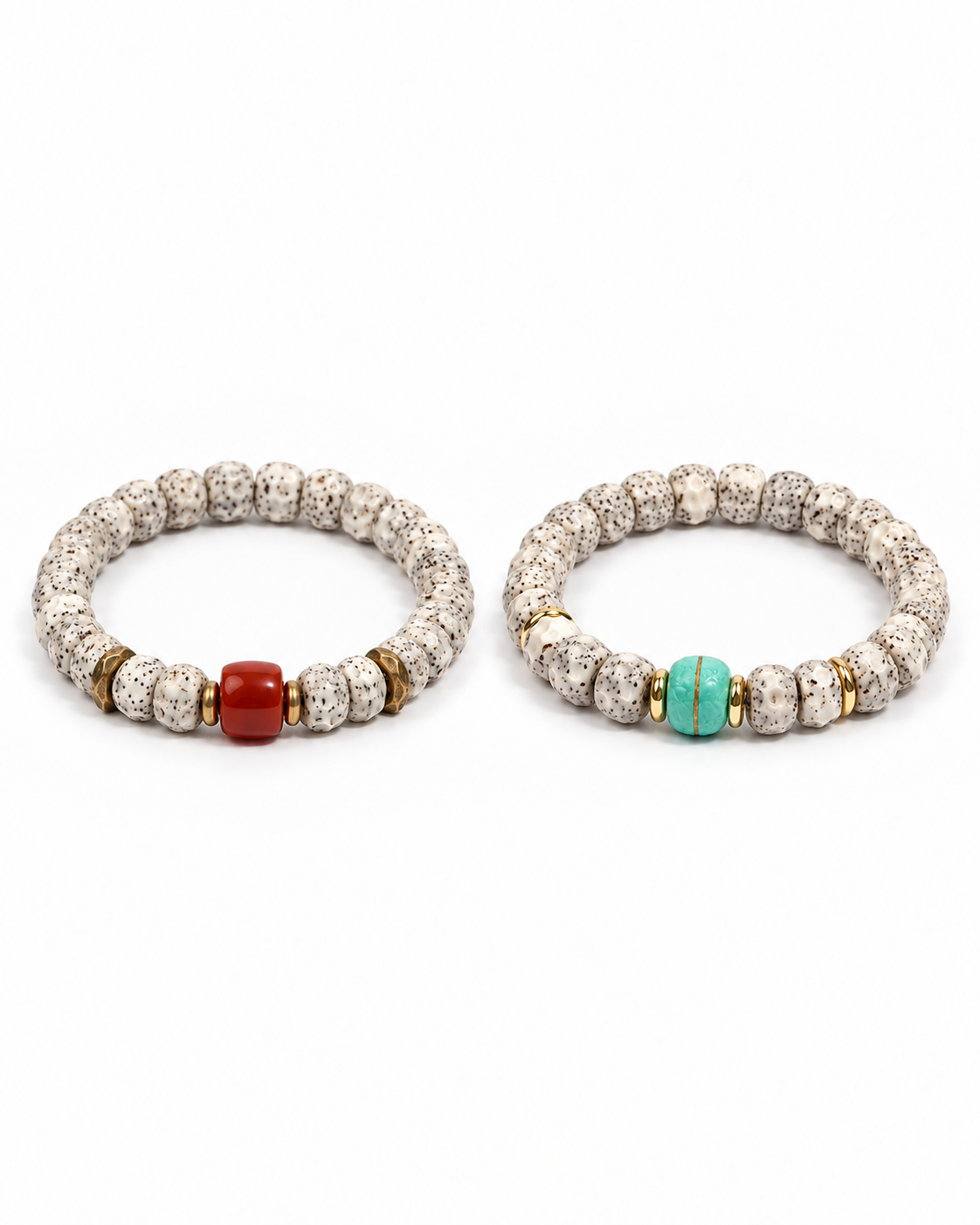 Red agate and turquoise toned magnesite Bodhi Accent bracelets together