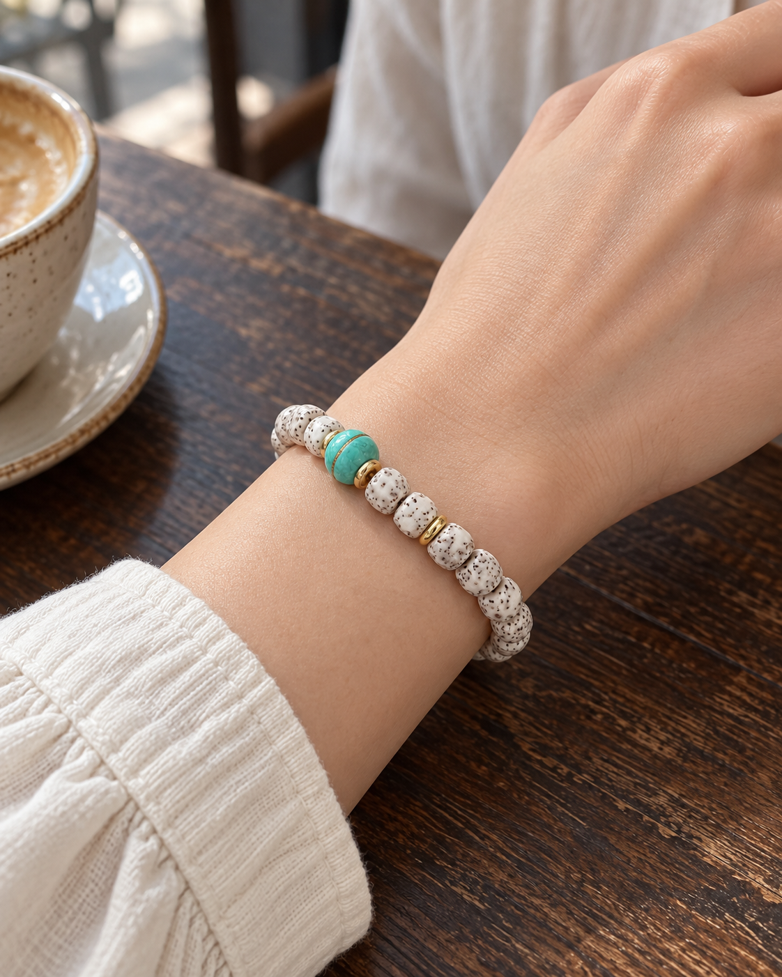 Turquoise toned magnesite Bodhi Accent bracelet second wearing view