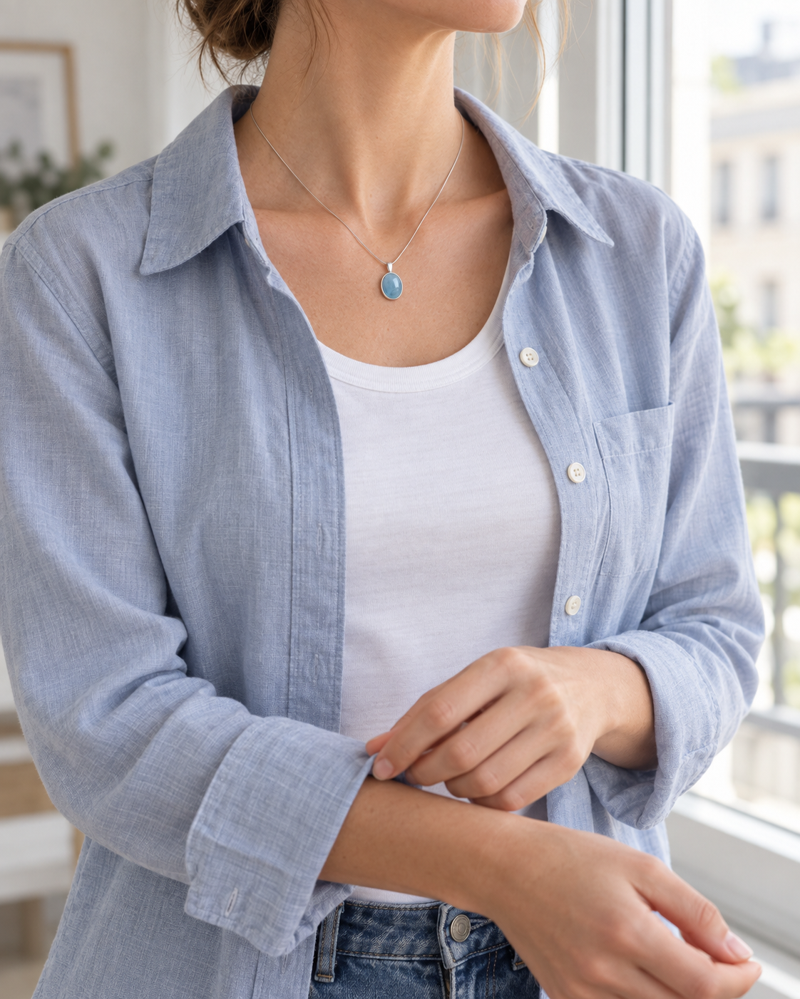 Blue Pause necklace styled