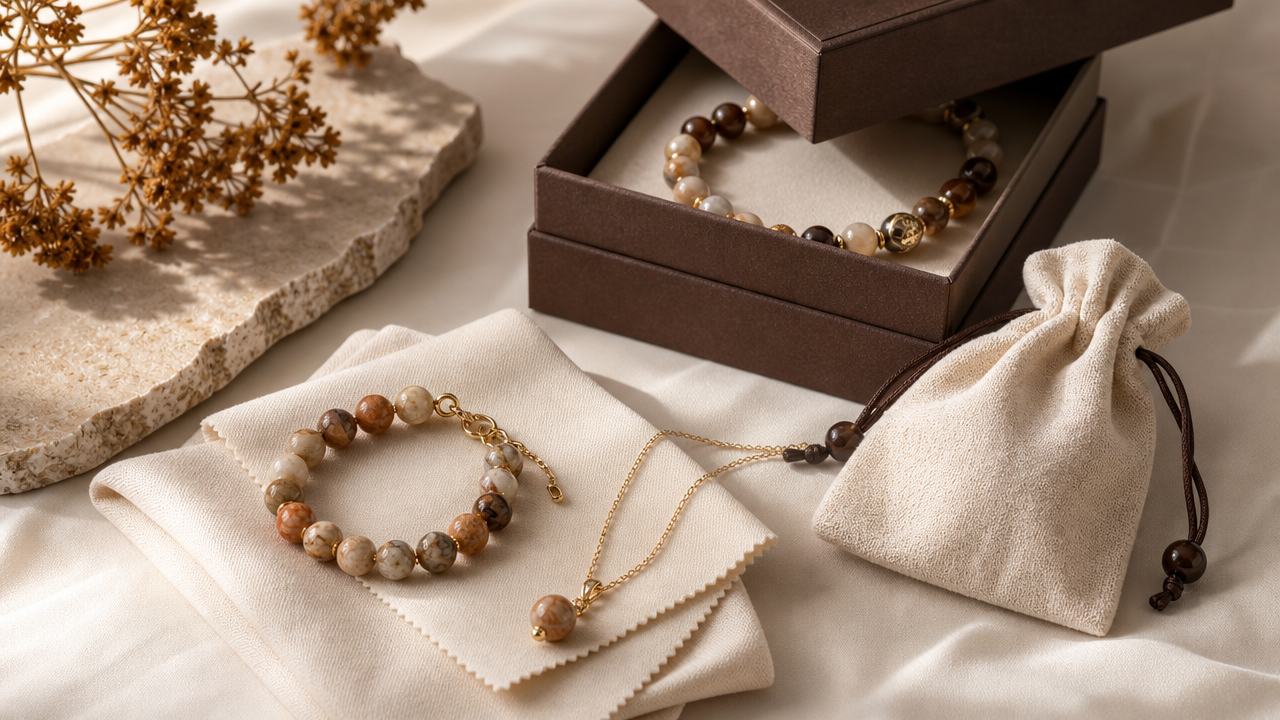 Jewelry care flatlay with soft cloth and storage pouch