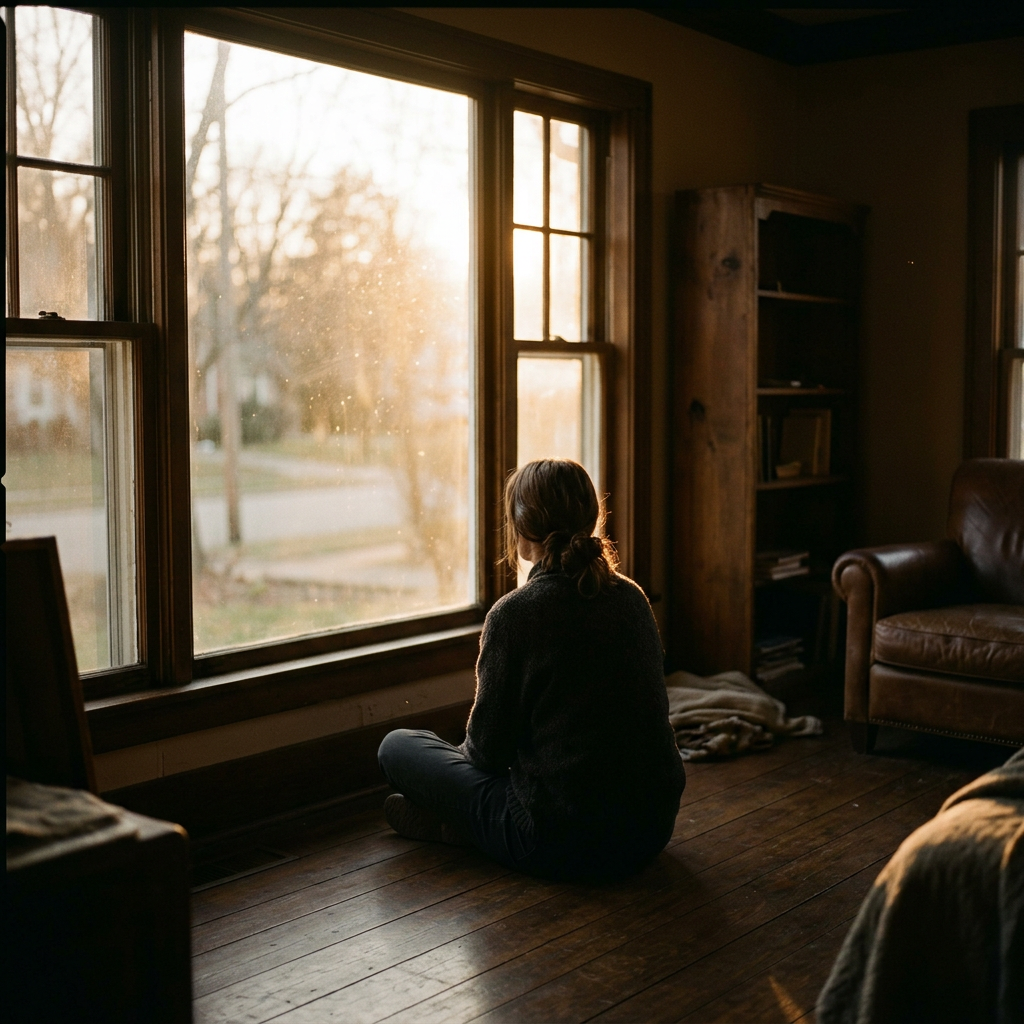 Person sitting alone beside a large window, warm golden light