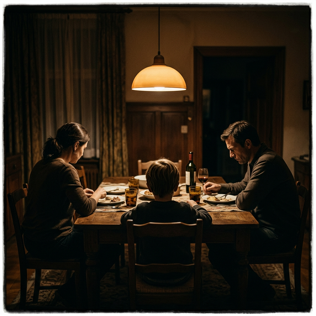 Dark family dinner table, three figures in silence, heavy atmosphere
