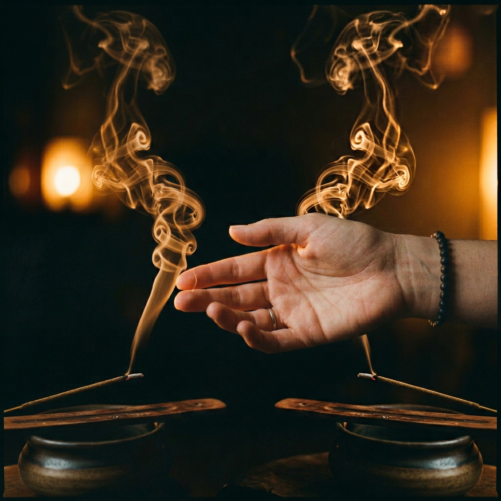 A hand reaching toward incense smoke in warm amber light