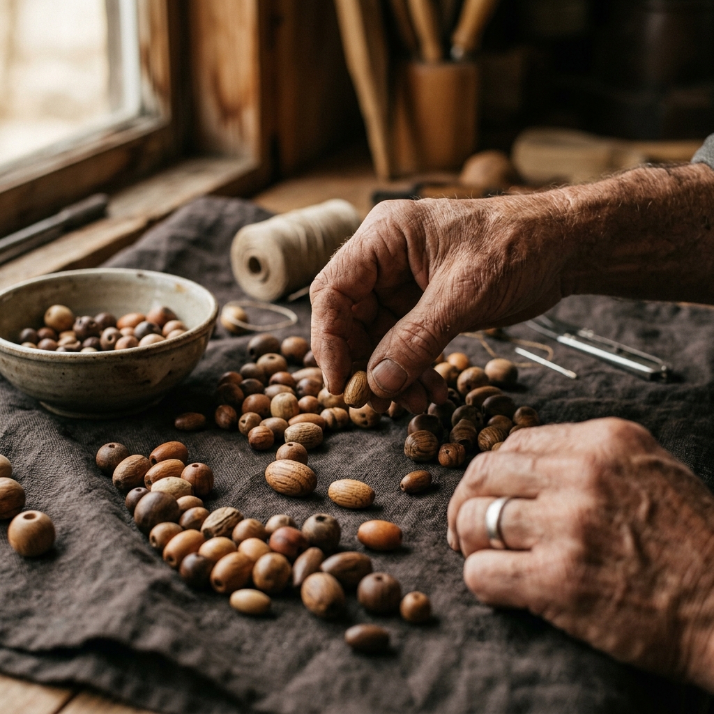Hands selecting wooden beads on dark linen cloth