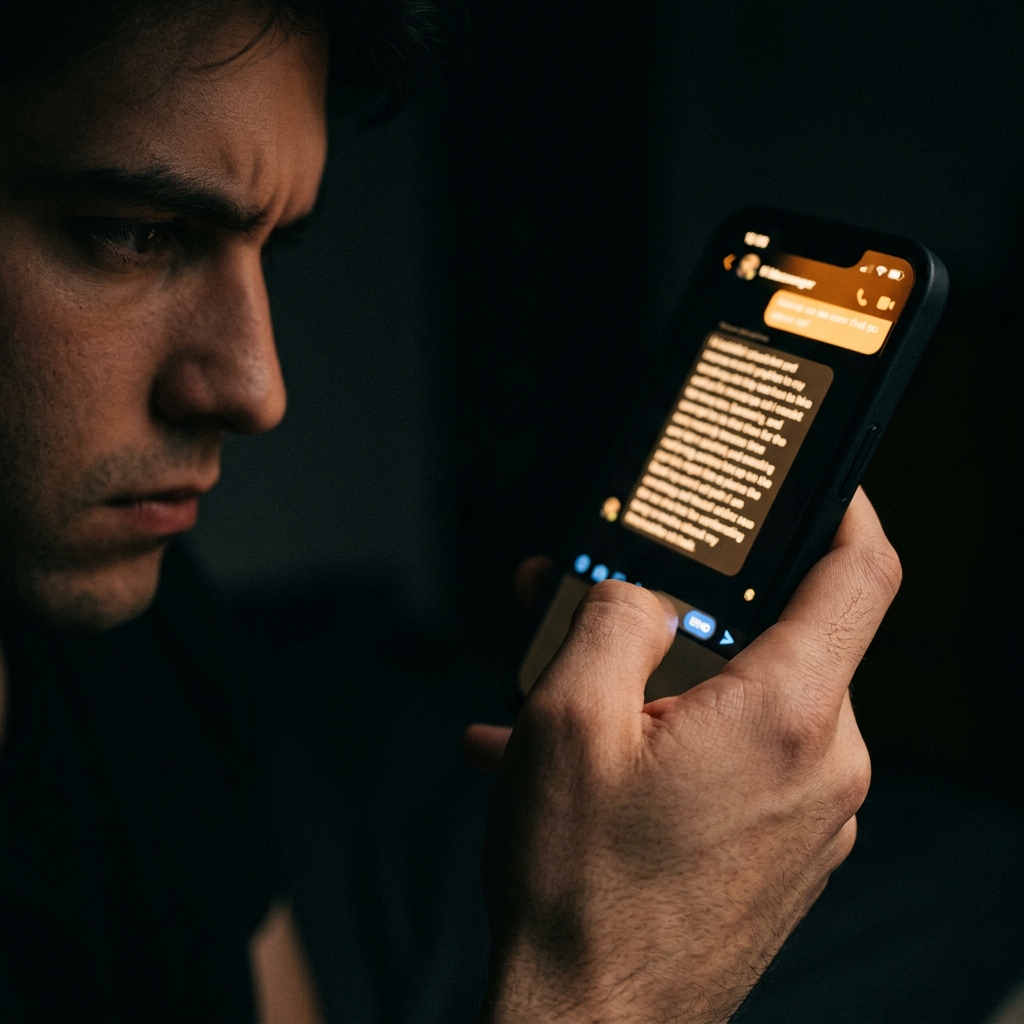 Phone screen glowing in dark room, thumb hovering over send