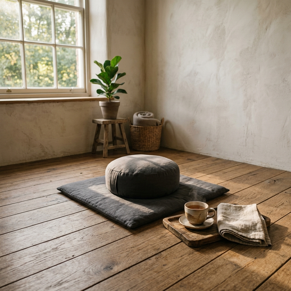 A quiet corner with cushion, tray, tea cup, warm afternoon light