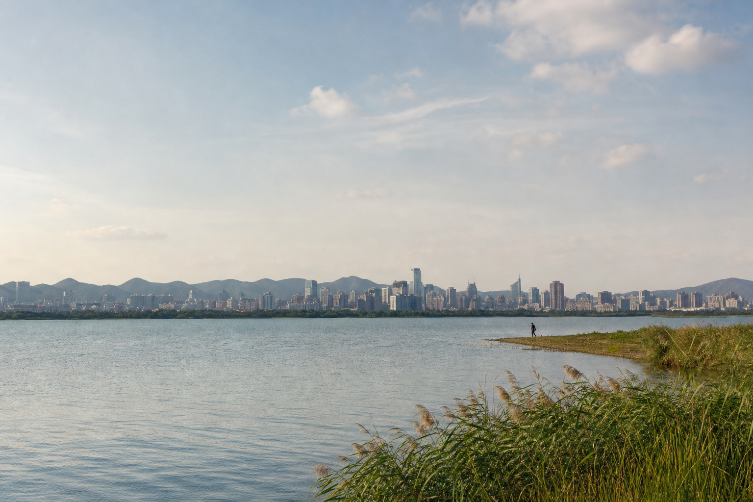 Hangzhou water and distant city buildings meeting under an open sky