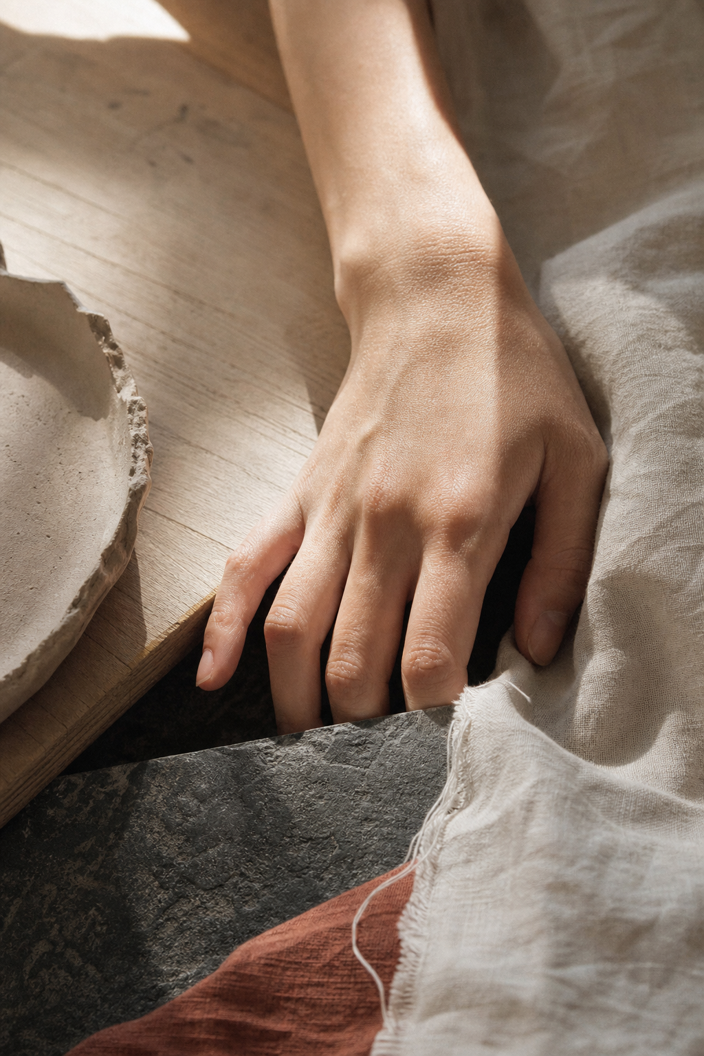 A hand meeting linen, wood, ceramic, and stone in warm morning light