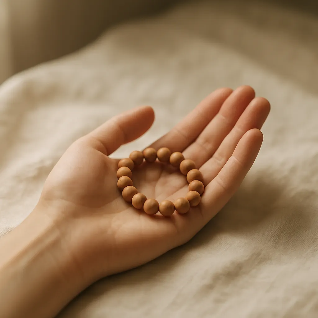 A single wood bead bracelet held in an open hand
