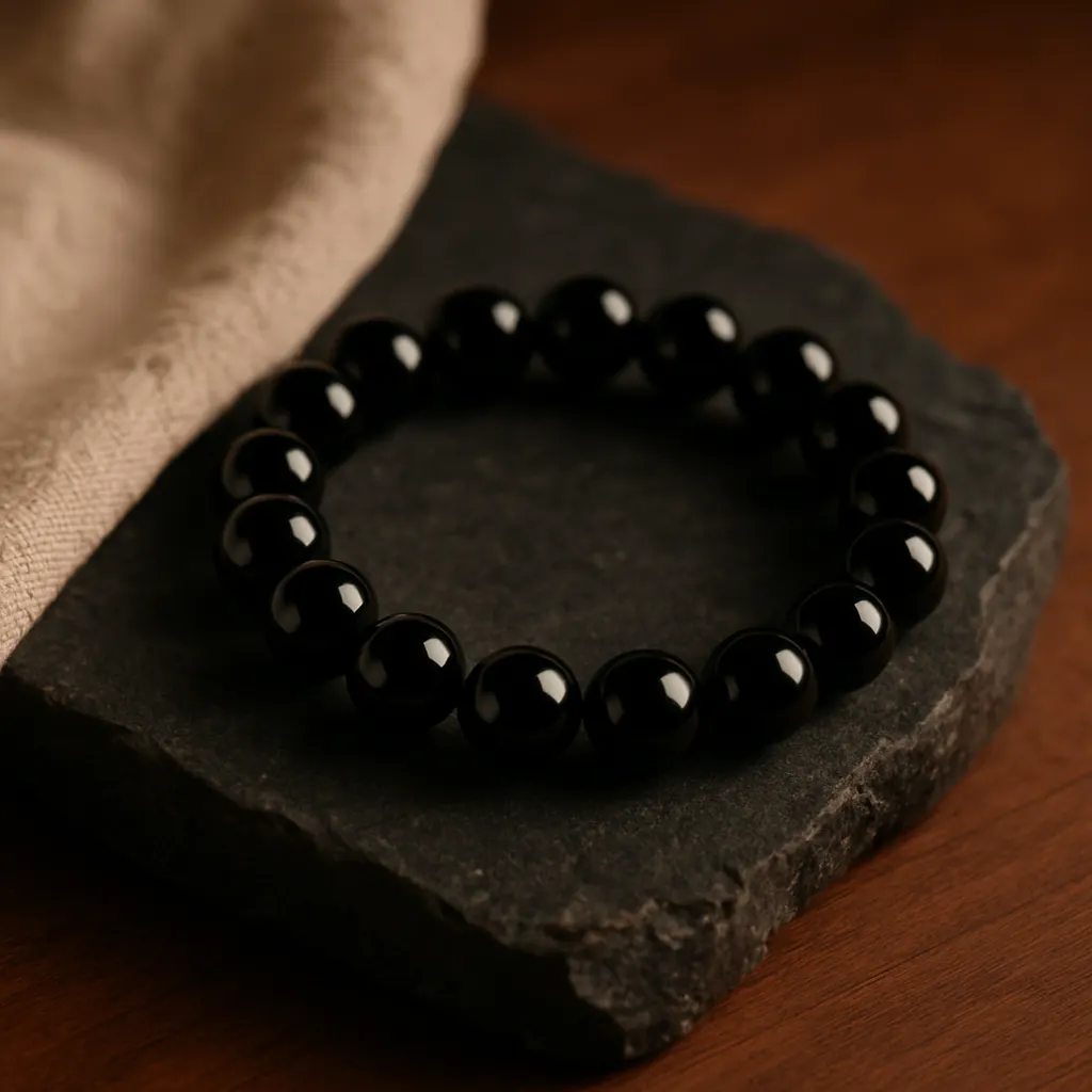 Black obsidian bracelet resting on dark stone