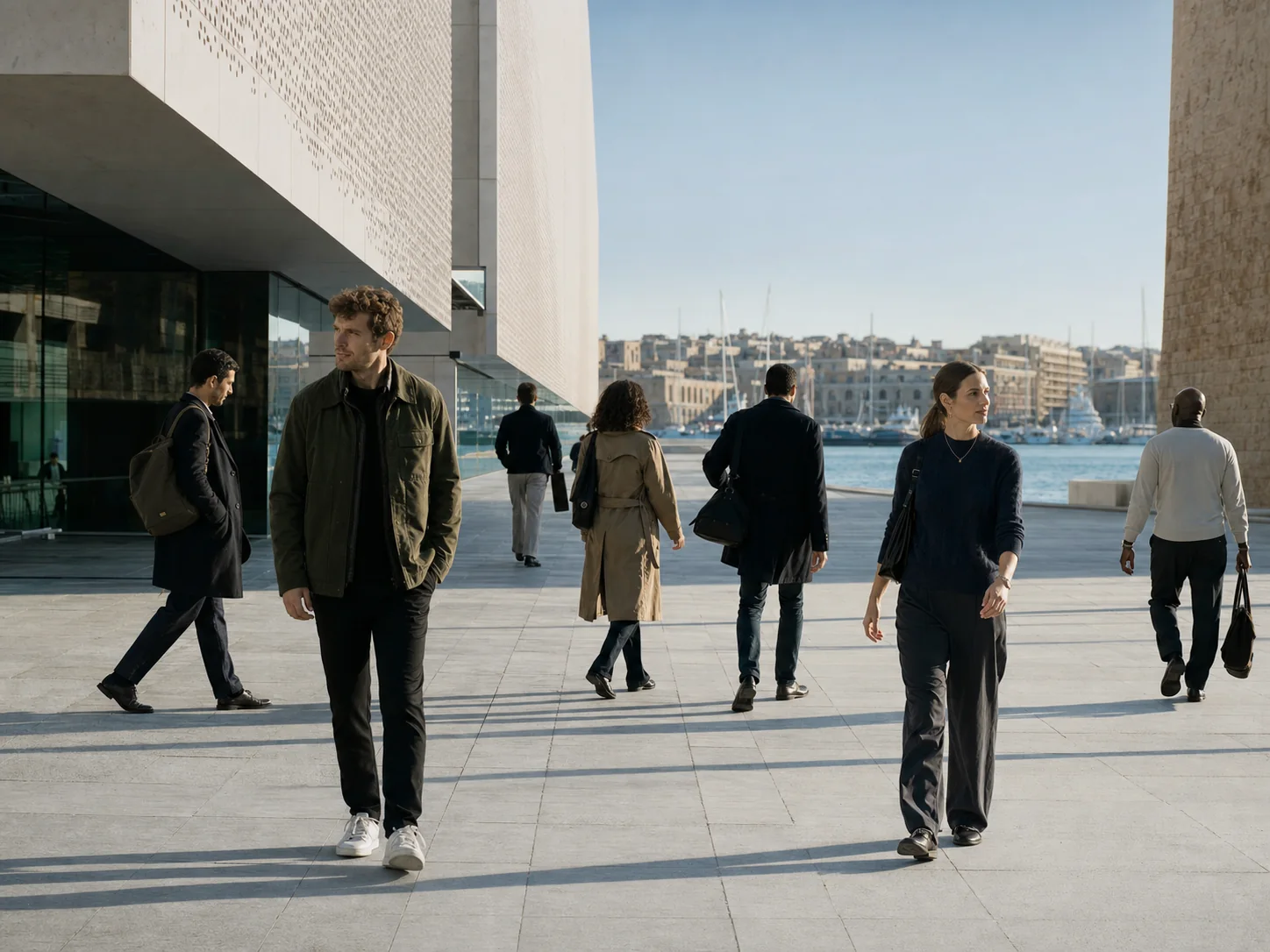 Women and men moving through a modern coastal city plaza in morning light