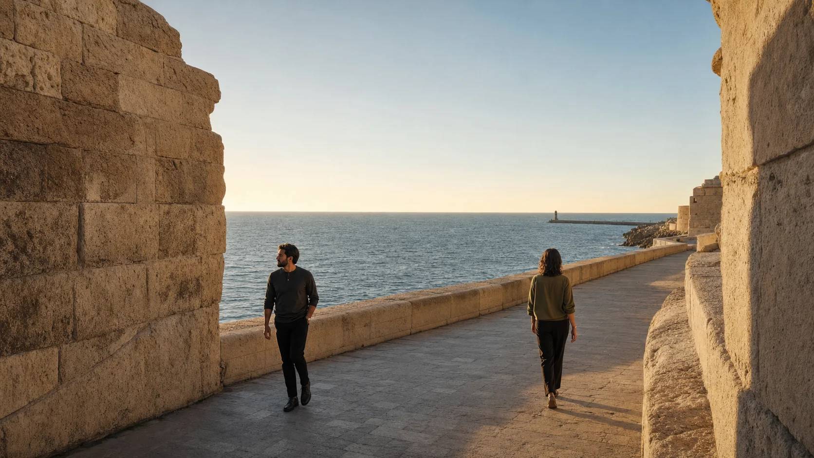 People moving between coastal light, quiet objects, and shared daily spaces in the NORAVYA brand film