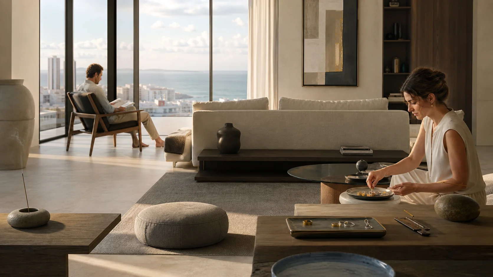 A woman and man sharing an airy home with incense and a meditation cushion