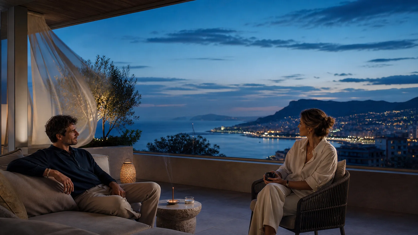 Incense and evening objects in a restrained coastal interior