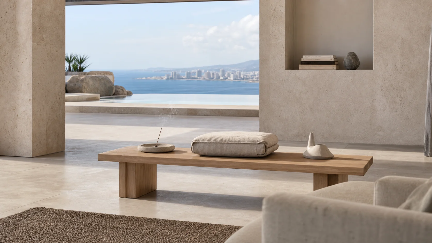 A meditation cushion and quiet room objects in coastal daylight