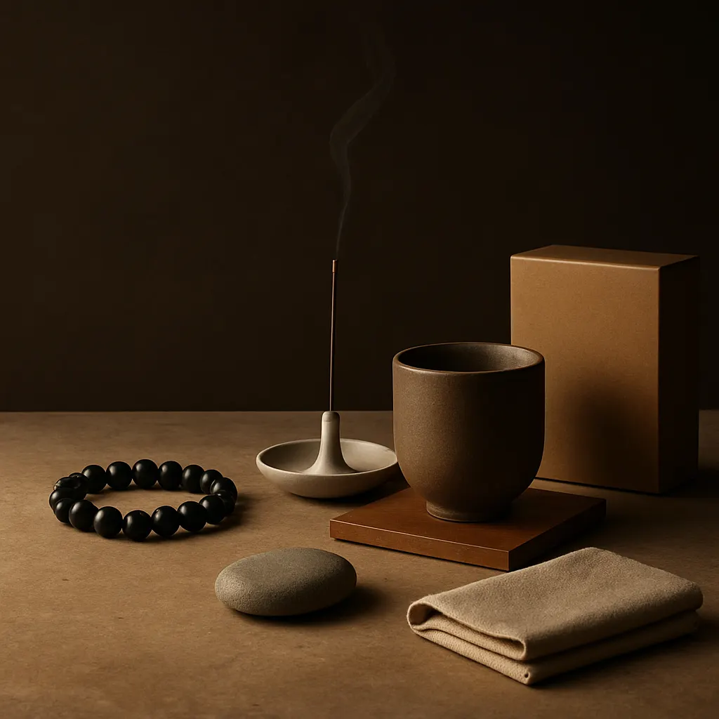 A warm dark editorial arrangement of NORAVYA objects