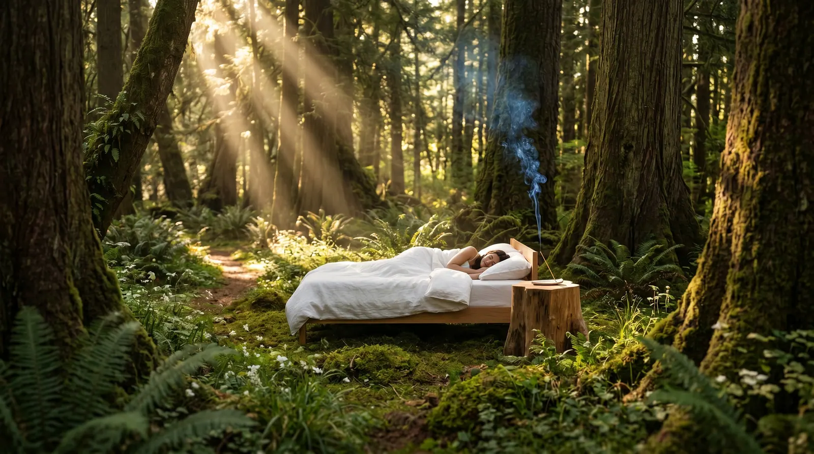 Warm bedroom at night with incense smoke rising, dim lamp light