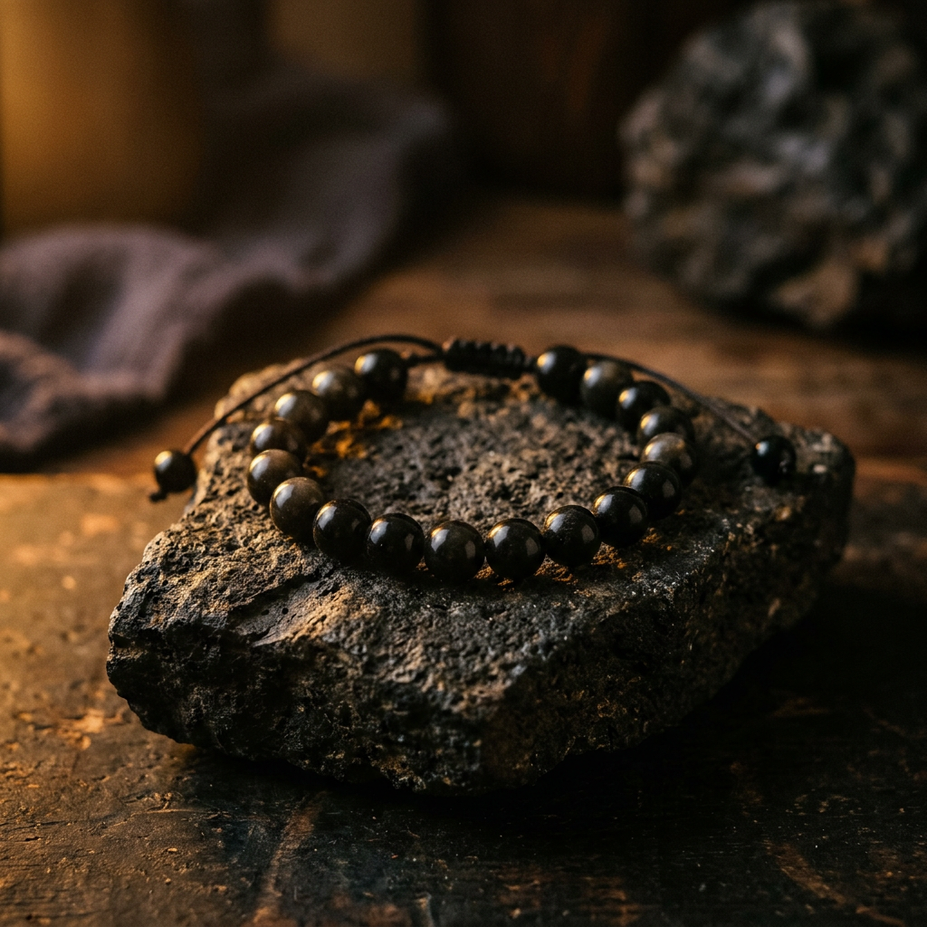 Dark obsidian beads in warm amber light