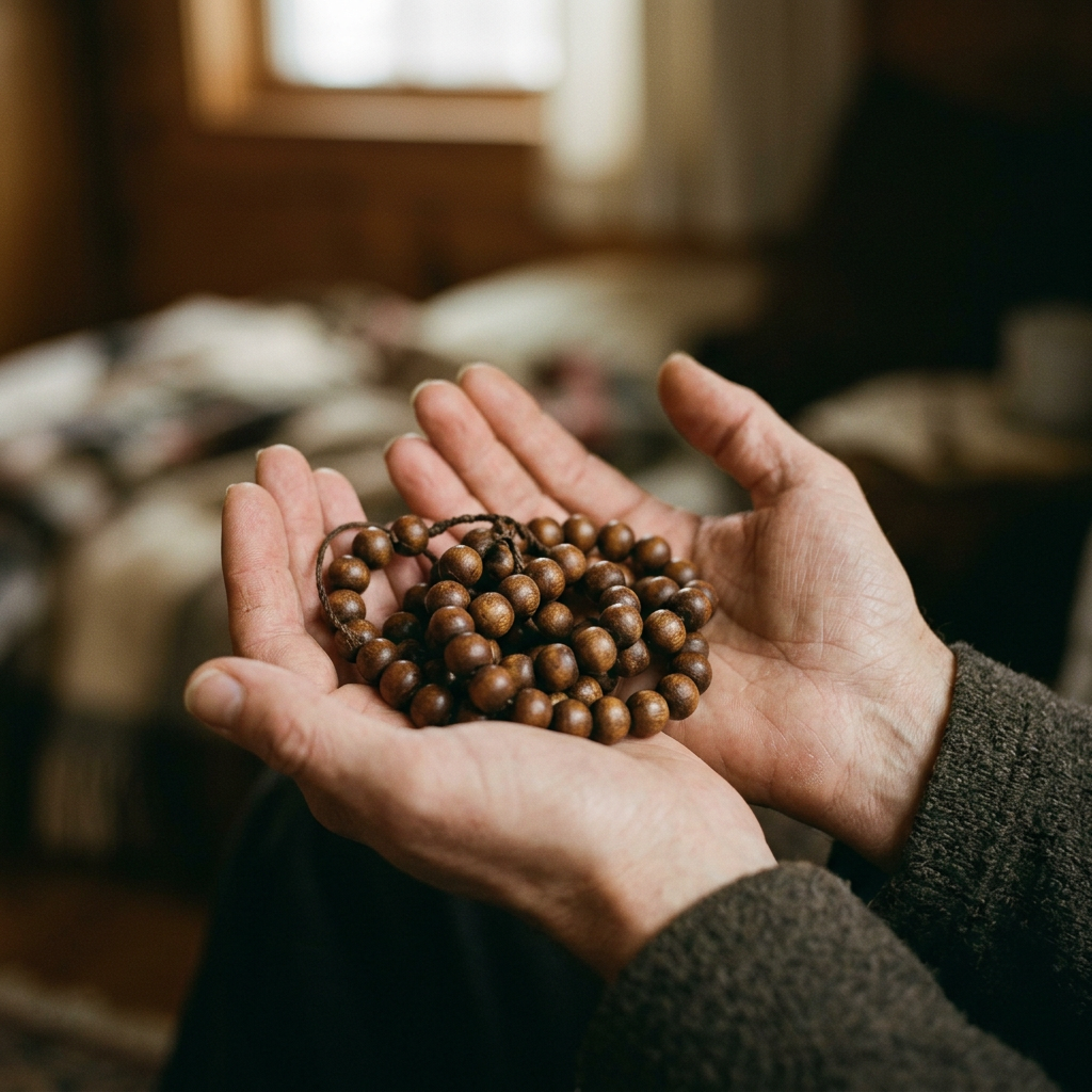 Wooden beads held gently in open hands in soft natural light