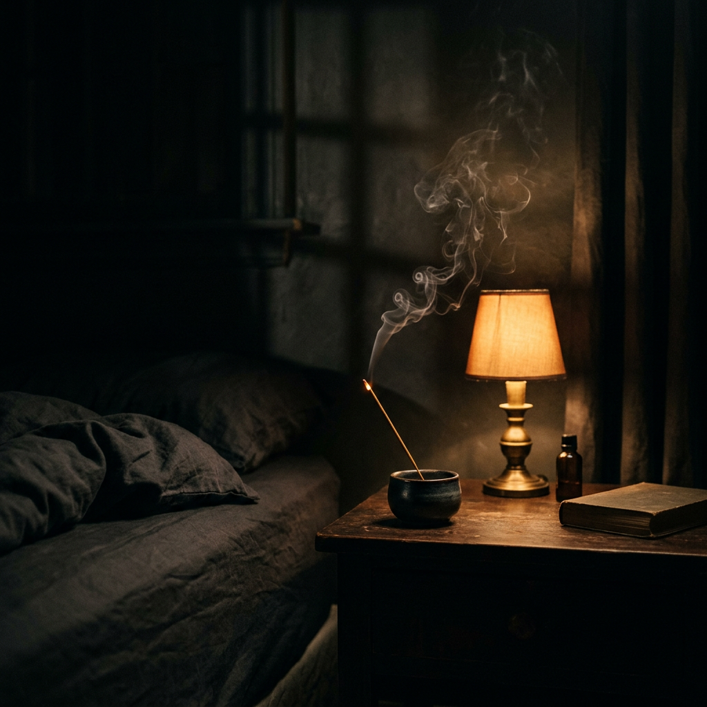 Incense glowing in a dark bedroom with warm amber light