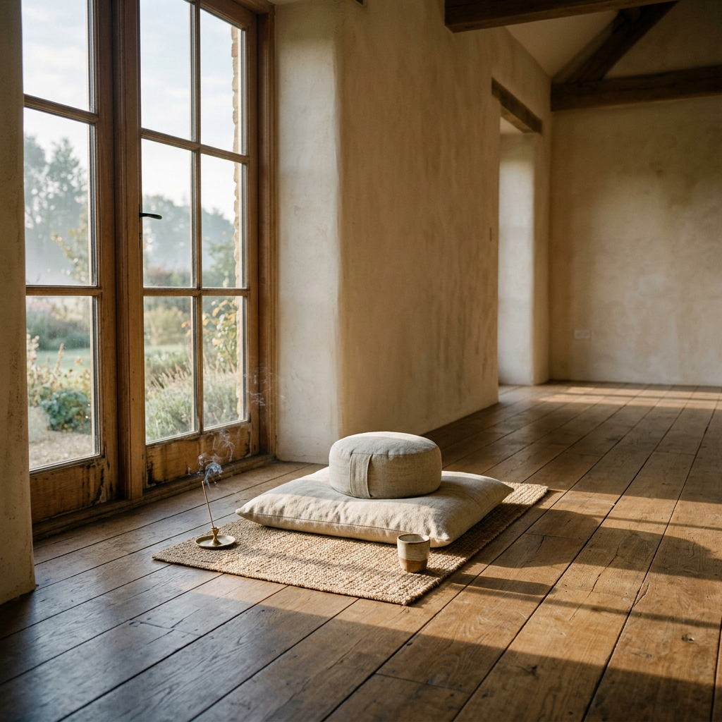 Linen meditation cushion on wooden floor beside a window with morning light