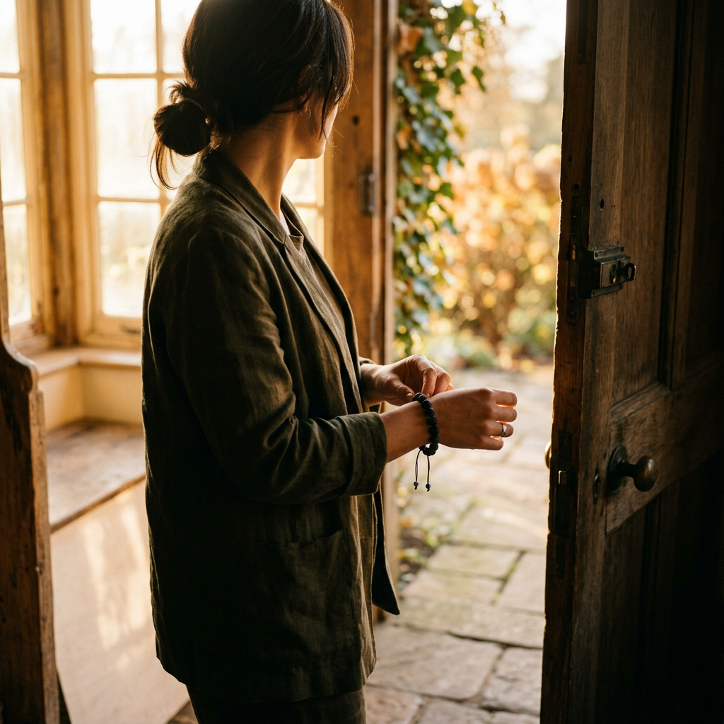 Person standing by doorway, morning light, adjusting dark bead bracelet