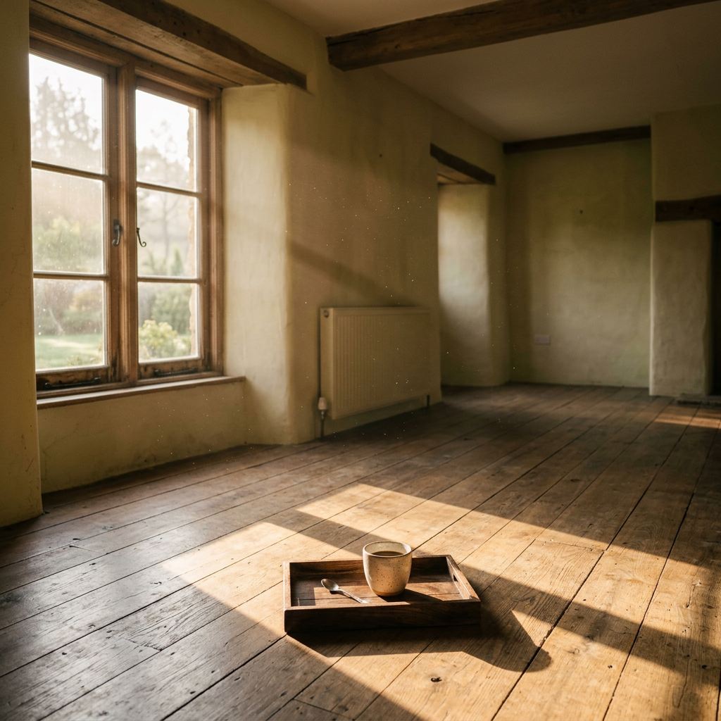 Morning sunlight streaming into an empty room with a wooden tray and ceramic cup