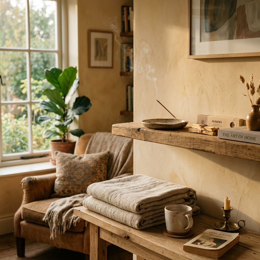 Warm calm corner with ceramic incense holder and linen textile