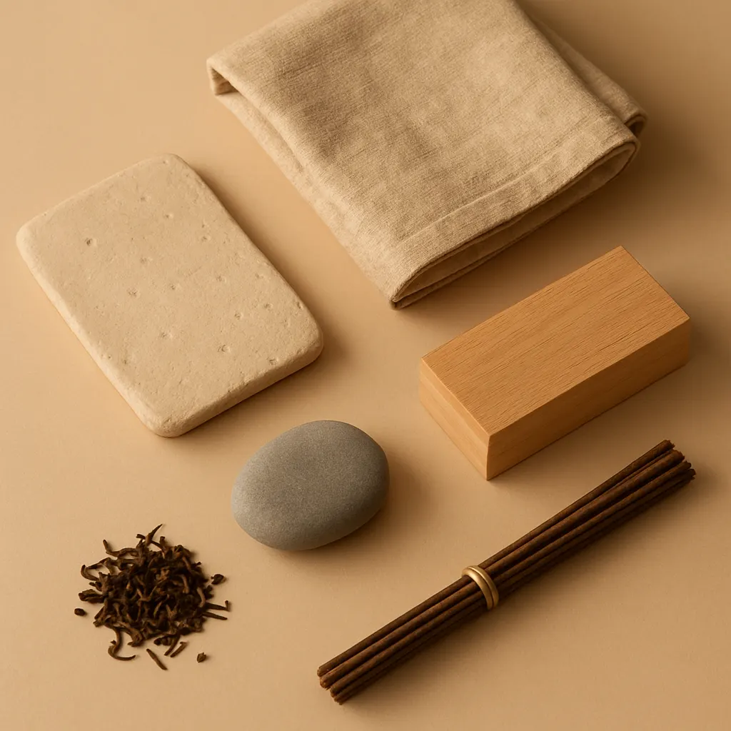 Natural materials laid out: obsidian, stone, sandalwood, ceramic, linen and wood