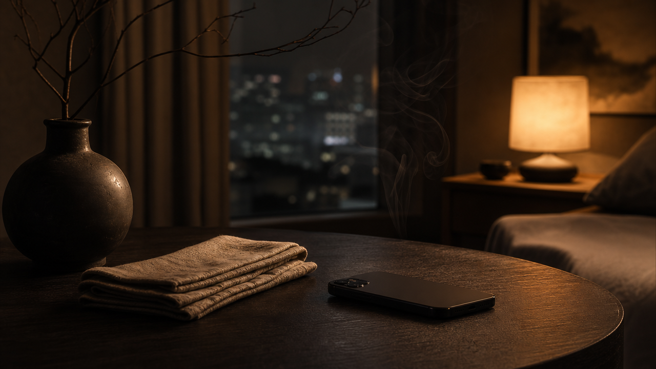 A quiet home corner with tray, ceramic holder, cushion, warm lamp