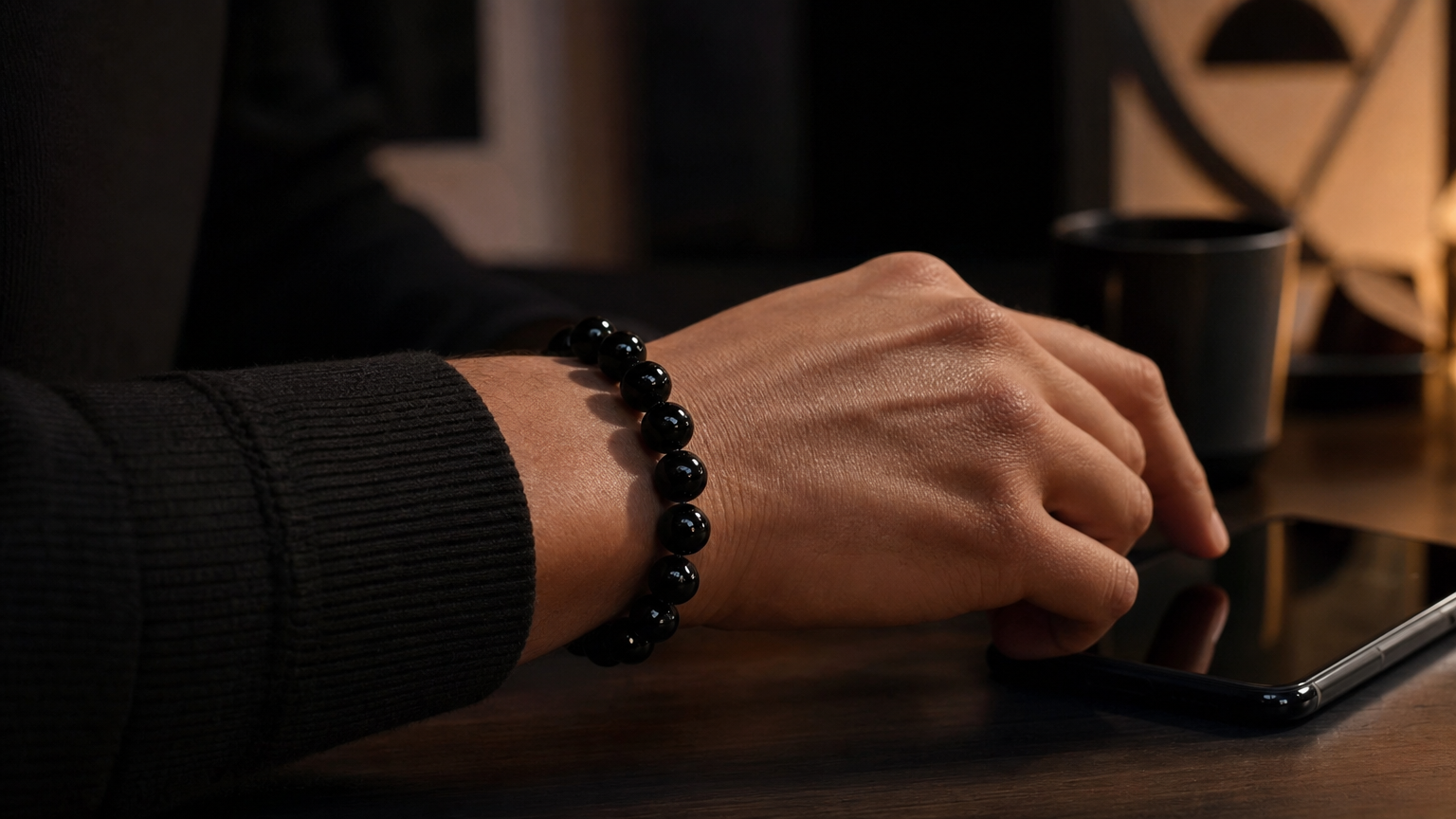 A hand resting near a phone, obsidian bracelet on wrist