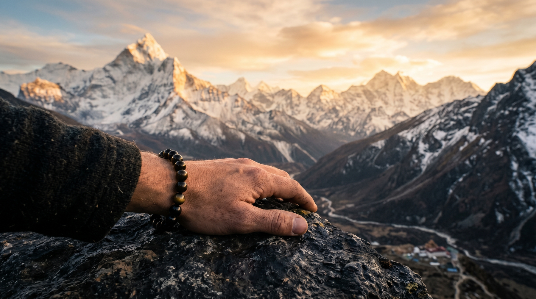 A person touching their obsidian bracelet in a moment of pause