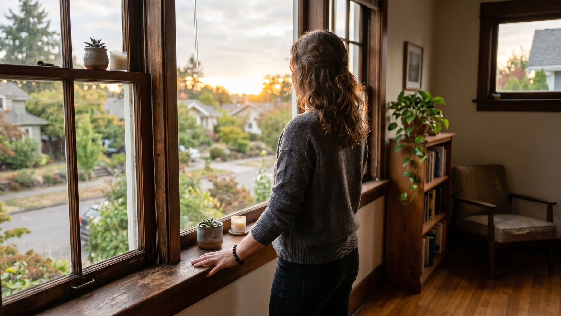 Person standing by a window, obsidian bracelet on wrist, golden afternoon light