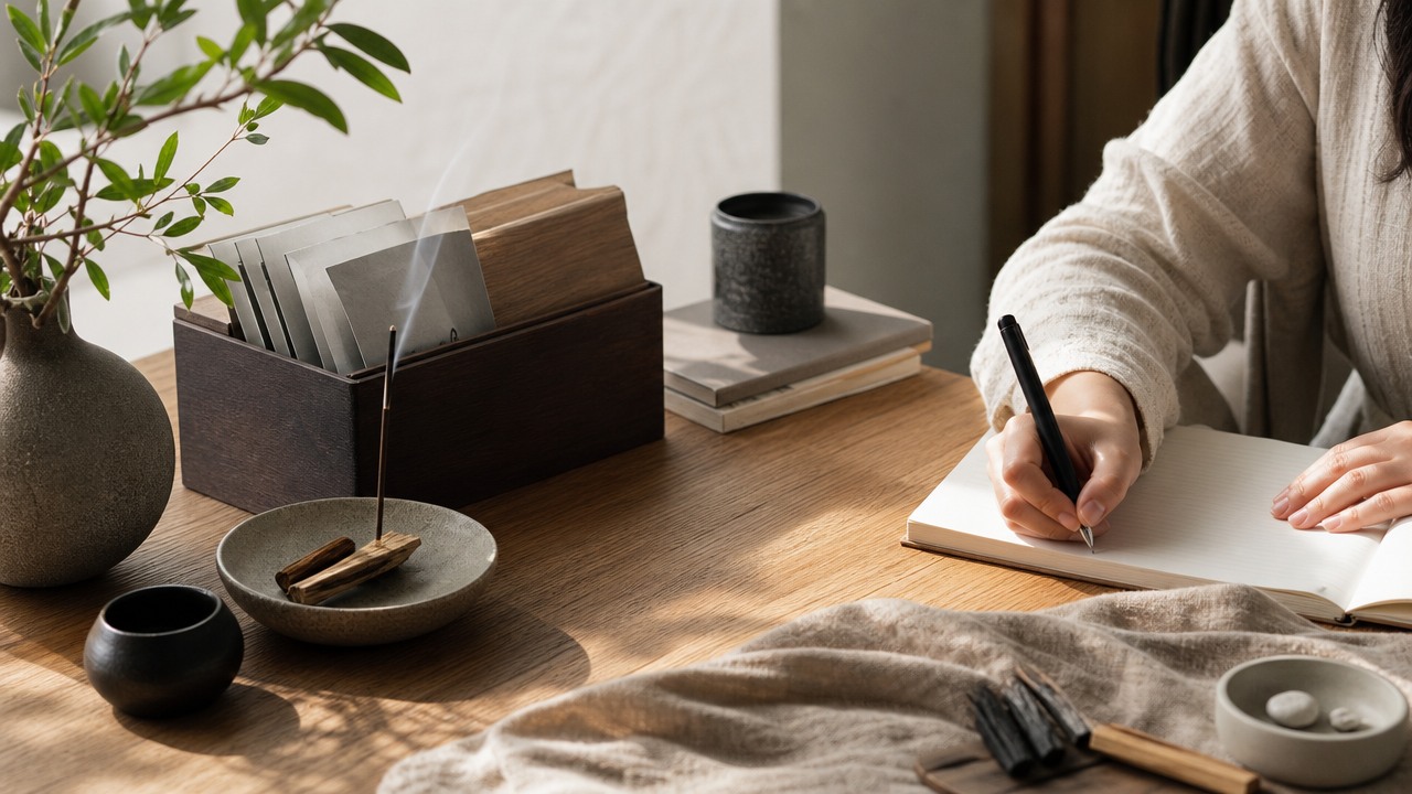 NORAVYA materials and objects arranged on a quiet working surface