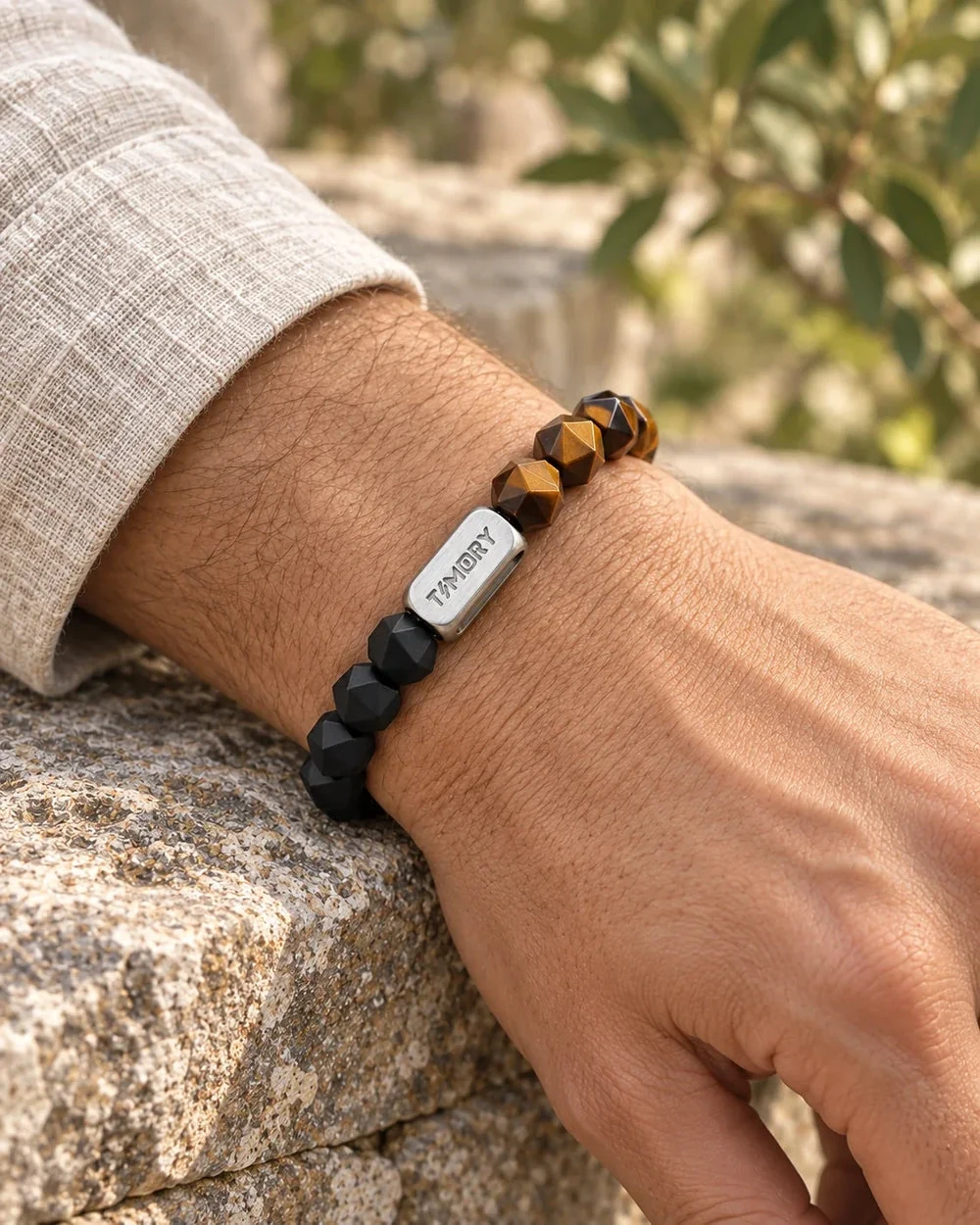 Tiger eye beads worn in natural daylight