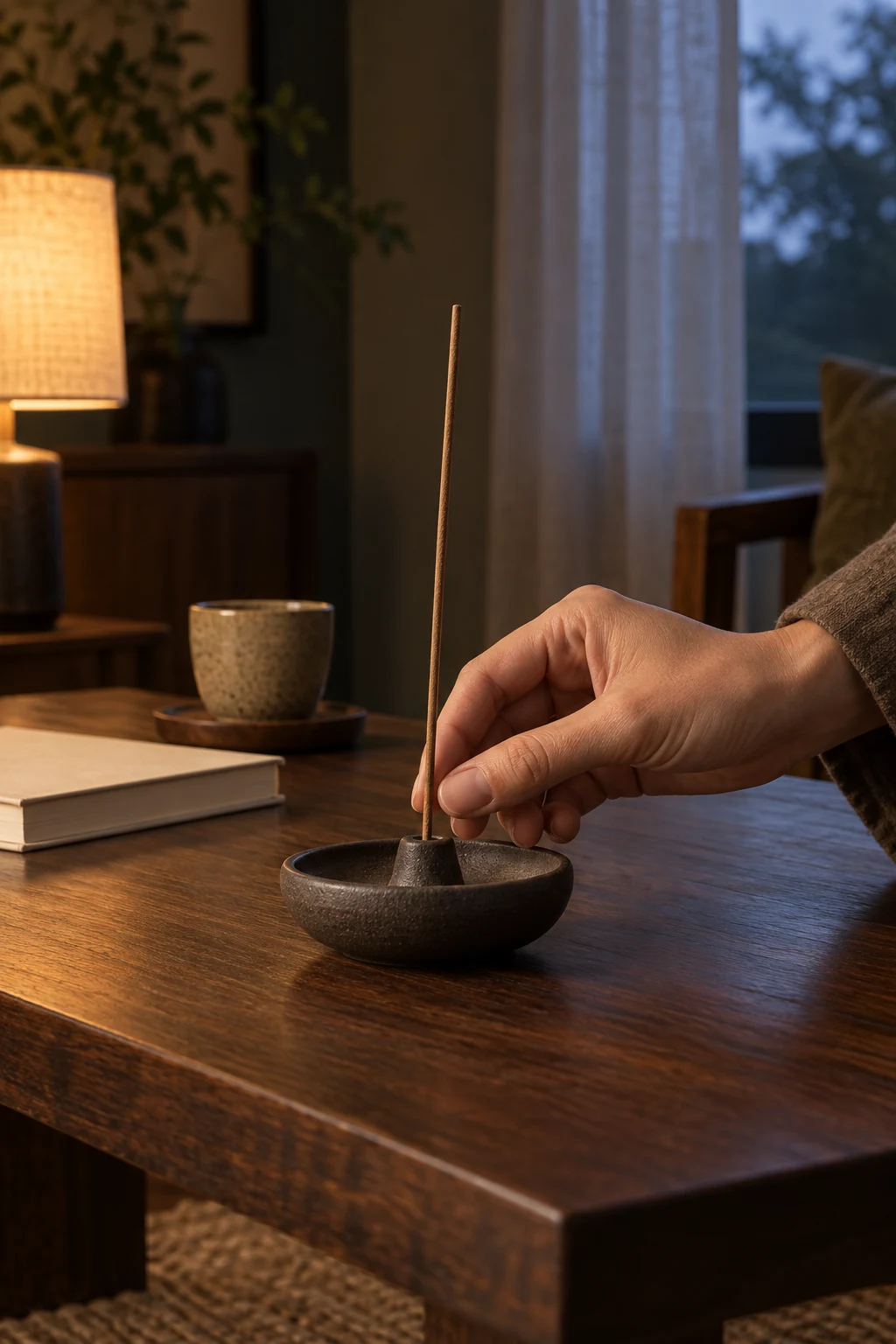 A hand placing incense in a holder as the evening begins