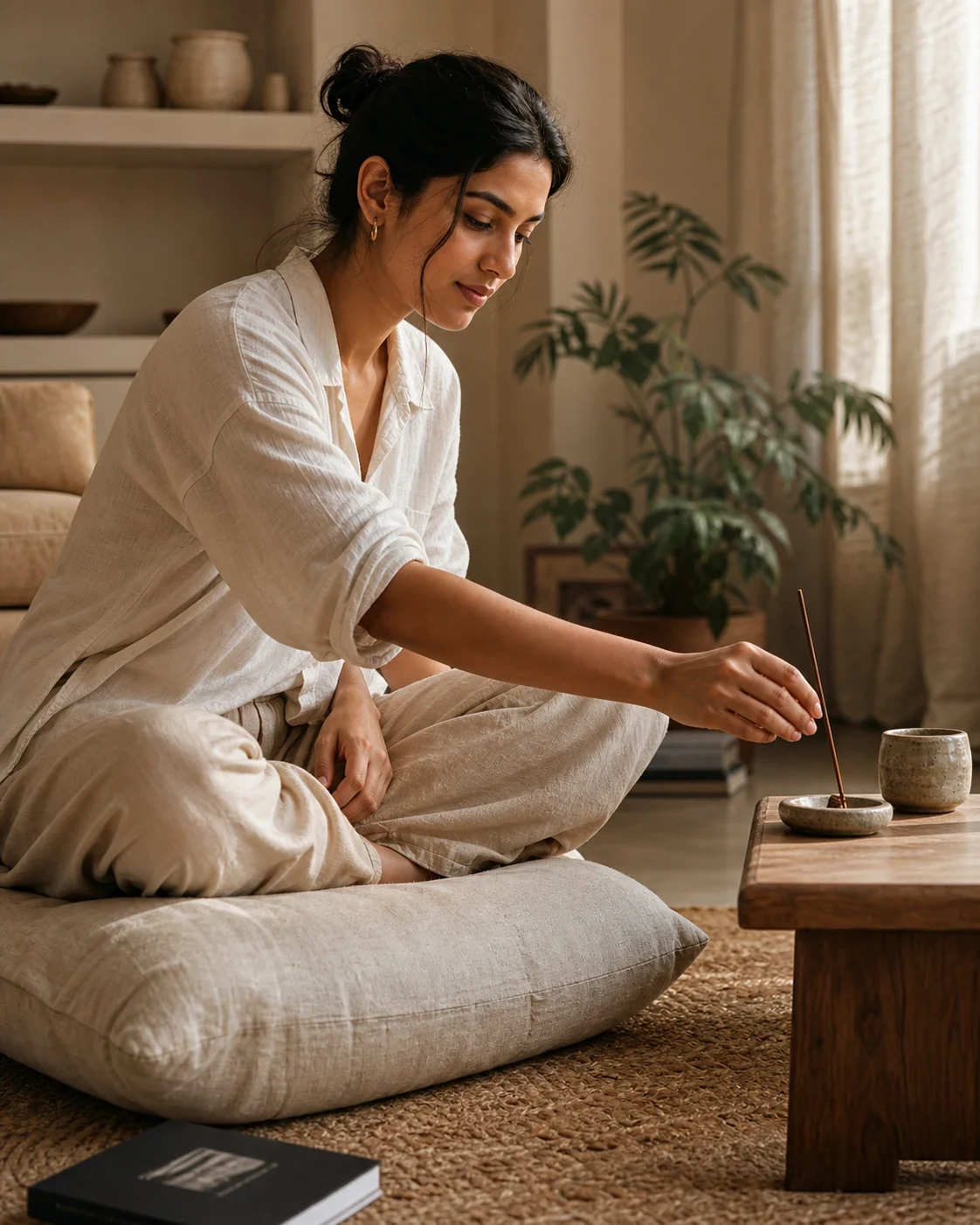 Setting incense in a softly lit room